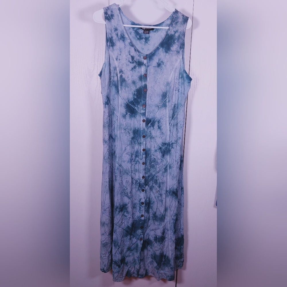 Flower Blue Tie Dye Dress One Size Embroidered Floral Stich Detail Button Front